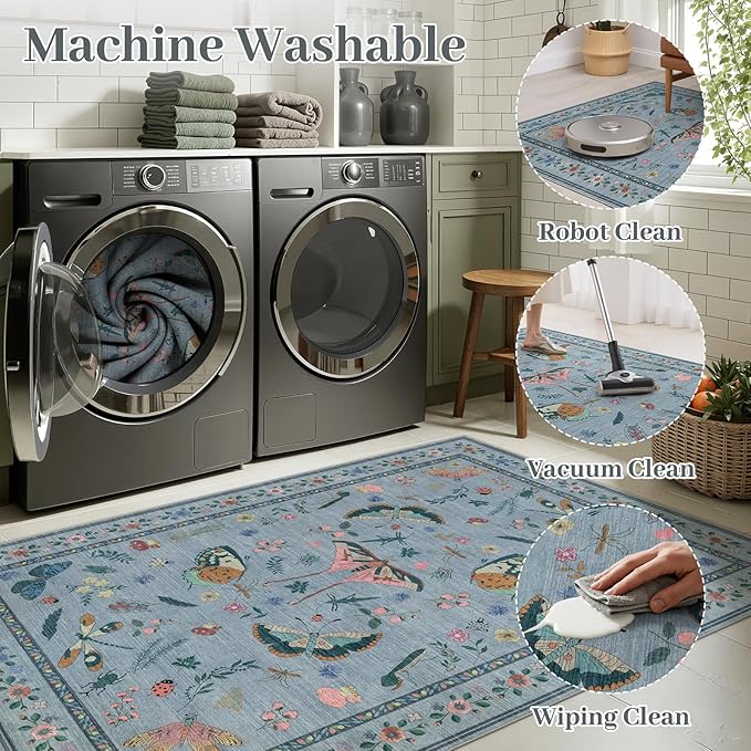 3x5 Washabl Rug with Insect Print - Bug Rug Non-Shedding Stain Resistant Soft Small Carpet for Bedroom, Low Pile Ultra-Thin Machine Washable Carpet for Nursery,Entrance, Office (3'x5' Blue)