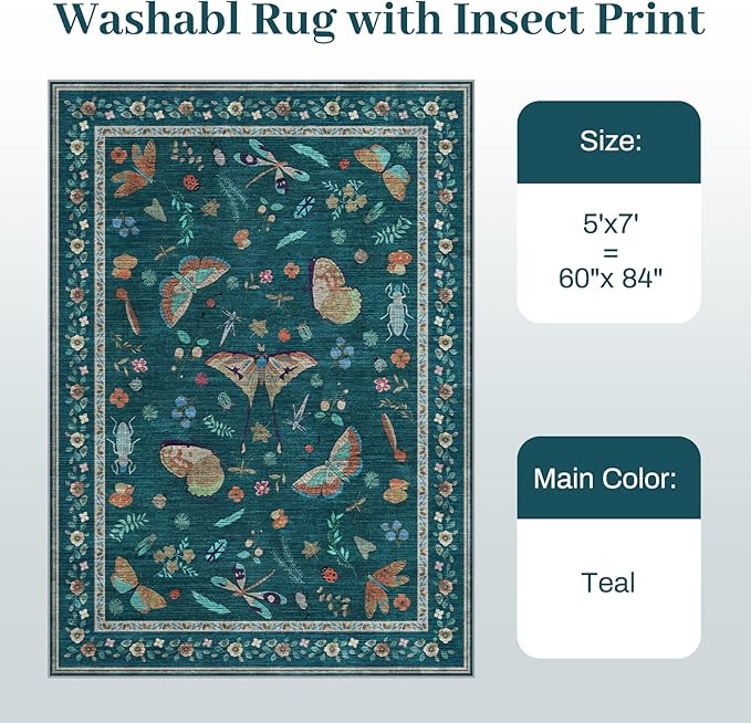 5x7 Washable Area Rug with Insect Print - Bug Rug Non-Shedding Stain Resistant Soft Carpet for Bedroom, Low Pile Ultra-Thin Machine Washable Carpet for Dining Room, Kids Nursery, Office (5'x7' Teal)