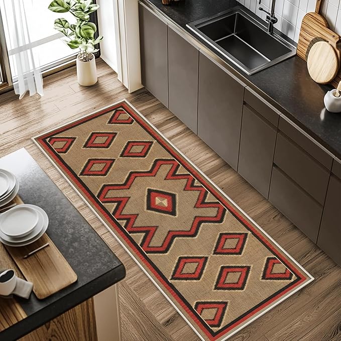 Brown Base Red Black Diamond Runner Rug, 1.3x7ft Zigzag Pattern Hallway Runner Rug, Corridor & Foyer High-Traffic Area Rugs, Durable Flannel Carpet Non-Slip Mat, Southwestern Home Decor