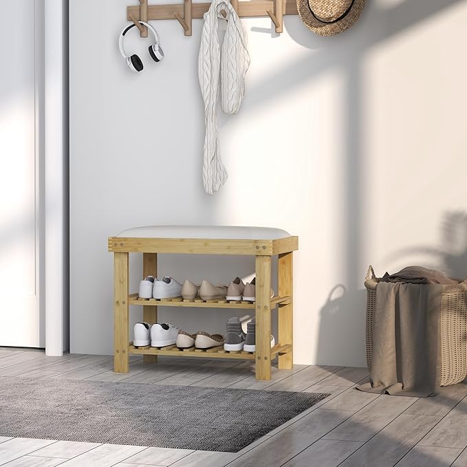 HOMCOM Bamboo Shoe Bench, 3-Tier Entryway Bench with Storage and Cushion, Shoe Organizer for Entryway, Hallway, Holds Up to 331 lbs, 23.6 x 11.4 x 19.3 Inches, Natural