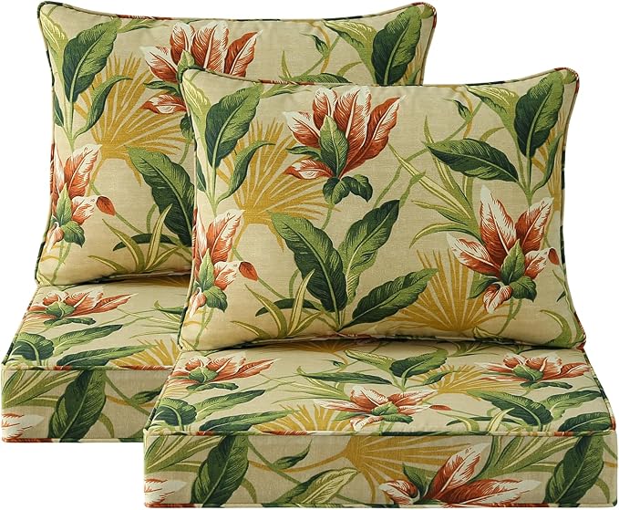 Outdoor Patio Chair Cushions Set, 24" x 24", Set of 2, Water-Repellent, Fade Resistant, Deep Seat Bottom and Back Cushion for Backyard, Couch, Sofa and Patio Furniture, Yellow Flower