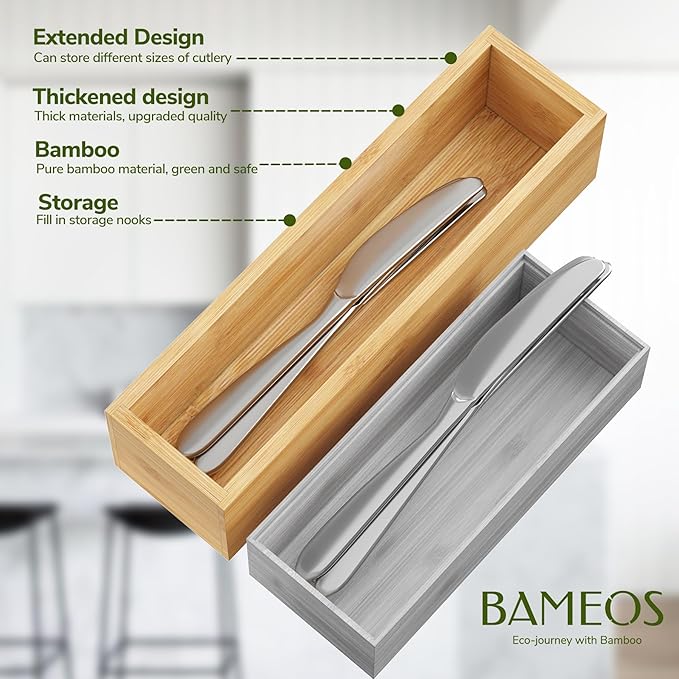 BAMEOS Kitchen Drawer Organizer,Small Silverware Drawer Organizer,Bamboo Utensil Organizer for Bathroom, Dressing Room, Office, Pantry (Natural, 11"x 3") Set of 2