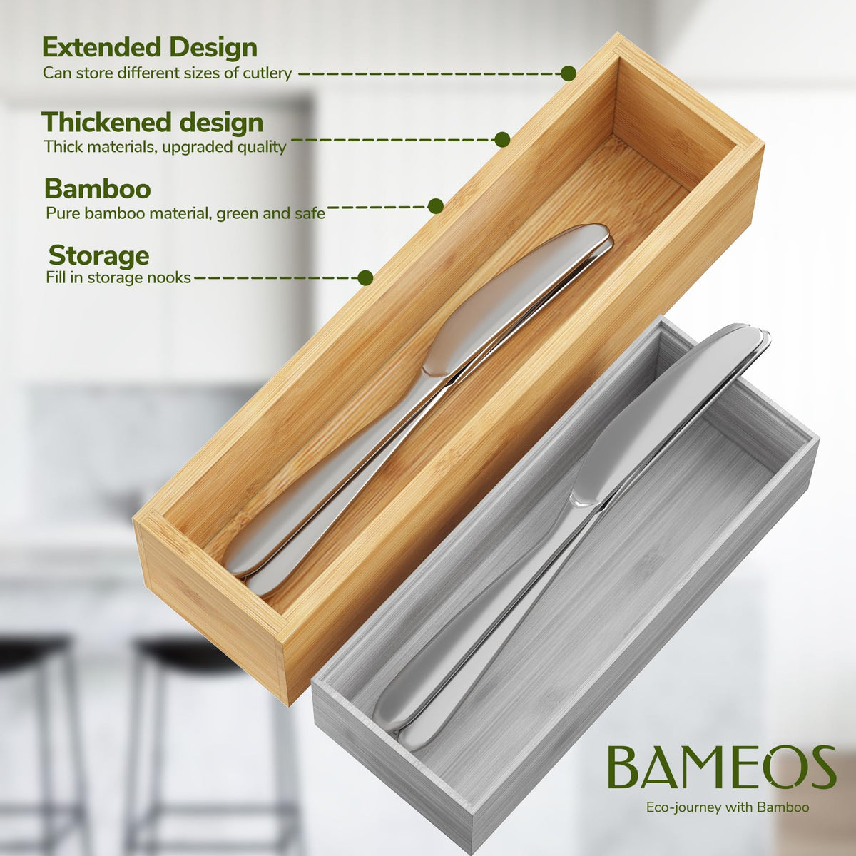 BAMEOS Kitchen Drawer Organizer,Small Silverware Drawer Organizer,Bamboo Utensil Organizer for Bathroom, Dressing Room, Office, Pantry (Natural, 11"x 3") Set of 2