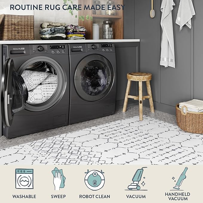 Lahome Moroccan 8x10 Rugs for Living Room - Non-Slip Washable Ultra-Thin Large Rug for Dining, Modern Geometric Print Indoor Soft Carpet for Bedroom Office, White