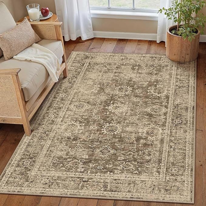 3x5 Washable Area Rug for Entryway Brown Vintage Non-Slip Low Pile Distressed Rustic Carpet Lightweight Vacuumable Door Mat Soft Small Door Mat Small Throw Rug for Entrance