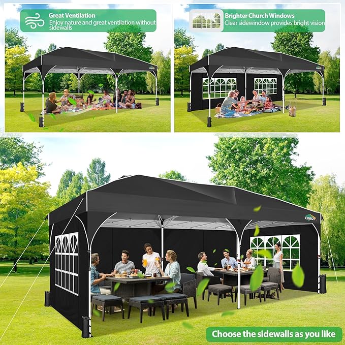 COBIZI 10x20 Pop up Canopy Tent with 4 Sidewalls Outdoor Canopy Tent for Party with Push Center Lock & Air Vent, 2000mm+Waterproof Gazebo Canopy UPF 50+with 4 Sandbags,12 Stakes & 6 Ropes,Black