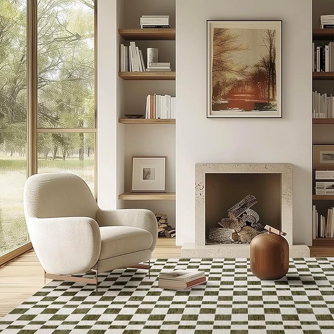 EVERGRACE Checkered Plaid Area Rug 5x7, Soft Faux Wool, Washable Christmas & Holiday Rug for Living Room, Bedroom, Hallway, Kitchen, Dining Room and Laundry, Olive Green