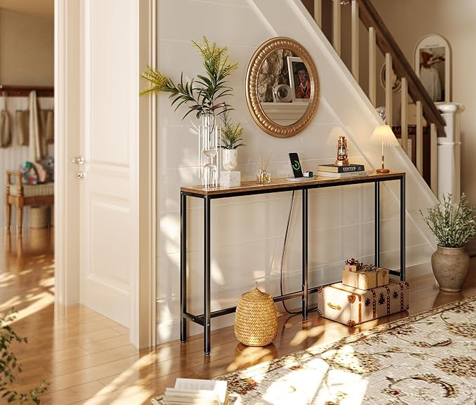 SUPERJARE Console Table with Outlet, 63 Inch Sofa Table with Charging Station, Narrow Entryway Table, Behind Couch Table, for Living Room, Plants - Rustic Brown