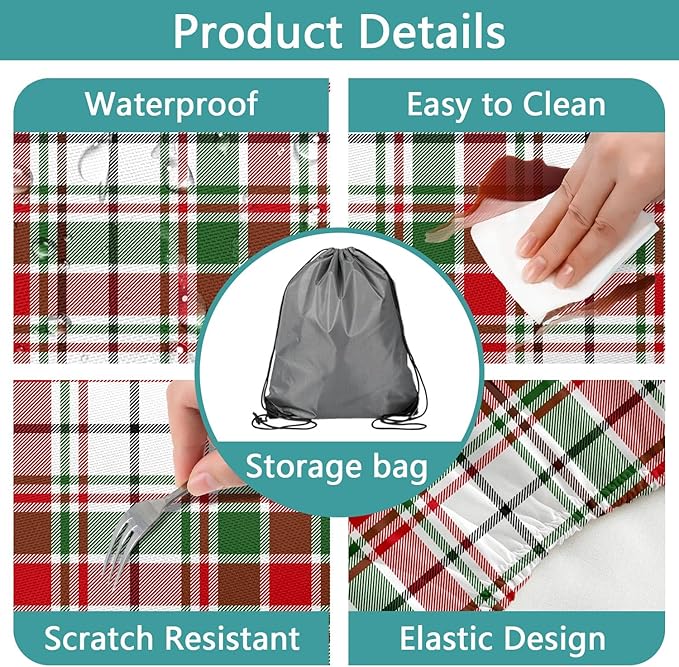 Red Green White Plaid Picnic Table Cover with Bench Covers and Bag, Camping Essentials, Water Resistant Windproof, Fitted Tablecloth Cover with Elastic Edge, for Indoor & Outdoor 3 PCS, 30x96 Inch