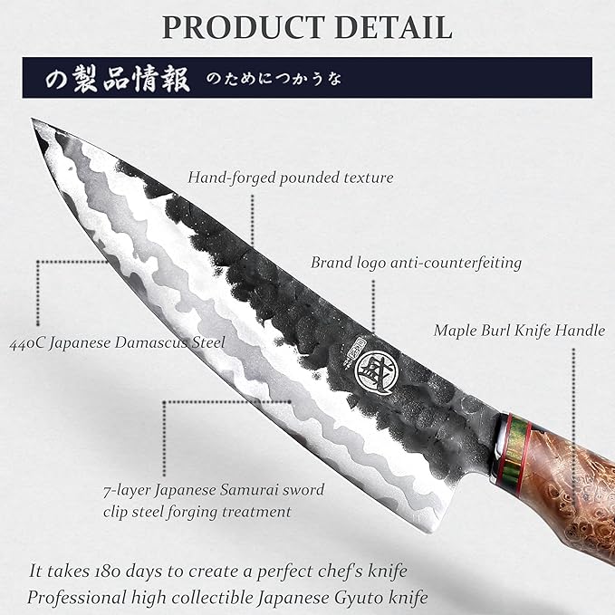 MITSUMOTO SAKARI 8-Inch Japanese Gyuto Chef Knife, 440C Damascus Steel