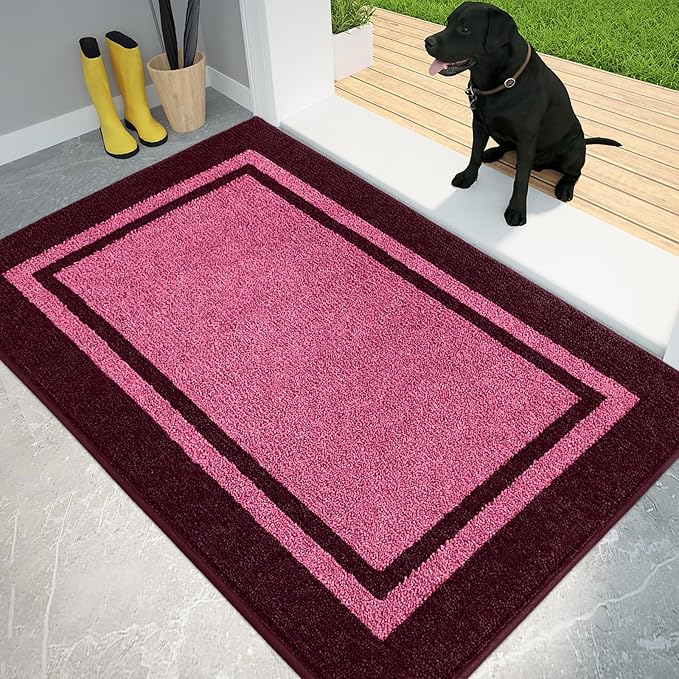PURRUGS Dirt Trapping Door Mat 32" x 48", Non-Slip/Skid Machine Washable Entryway Rug, Shoes Scraper, Area Rug, Super Absorbent Welcome Mat for Muddy Wet Shoes and Paws, Pink & Burgundy Red
