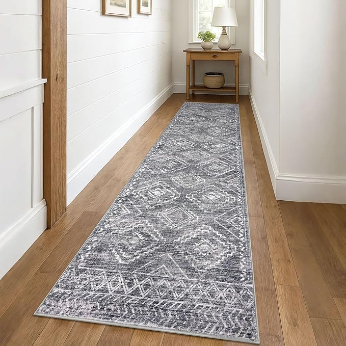 KILOCOCO Hallway Runner Rug 3'x10' Runners for Hallways Washable Runner Rug Non Slip Rubber Backed Low-Pile Runners for Bedroom Kitchen Living Room Laundry Room Boho Rugs, Grey