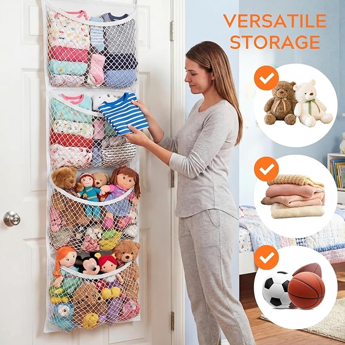 Ofiray-home Over The Door Stuffed Animal Storage, Cotton Toy Organizer for Storage Plush Toys, Stuffed Animal Holder with 4 Large Pockets, Hanging Door Organizer for Nursery, Bedroom (White)