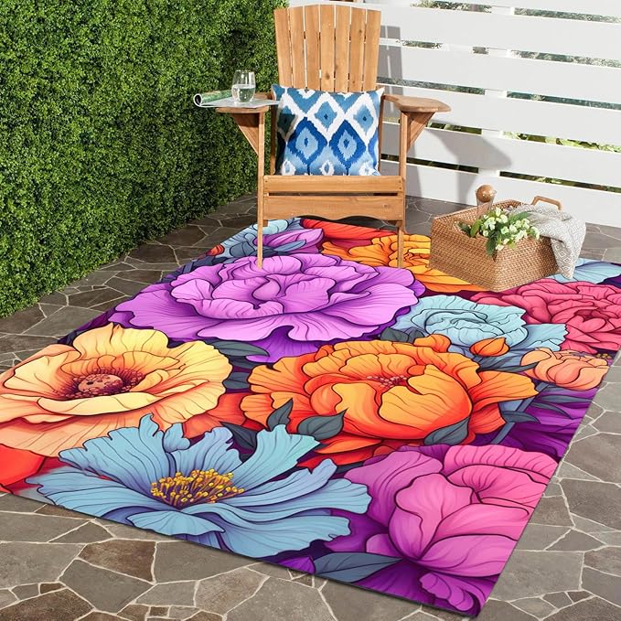 Easy Clean Floral Outdoor Rug 5x7 Yellow Purple Machine Washable Area Rugs for Patio Balcony Camping Pool Garden Non Slip Waterproof Outside Carpet Vibrant Low Pile Porch Mat