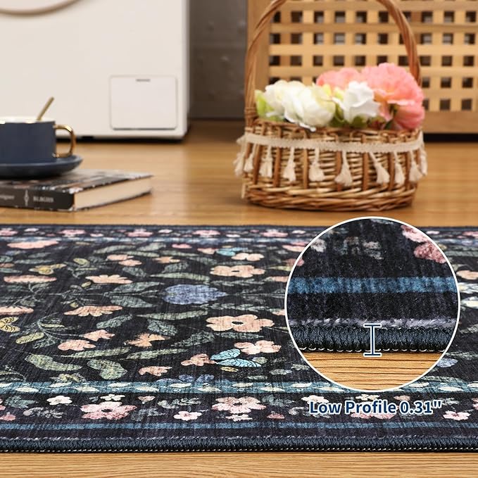 5x7 Washable Non-Slip Rug, Vintage Floral Area Rug for Living Room, Low Pile Farmhouse Distressed Carpet for Nursery Playroom Dorm Teens Office, Dark Grey Blue