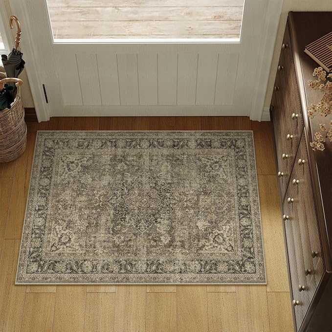 2x3 Washable Brown Area Rug Vintage Entryway Kitchen Carpet Non-Slip Soft Low Pile Distressed Indoor Small Throw Rug for Bedroom Bathroom Entrance