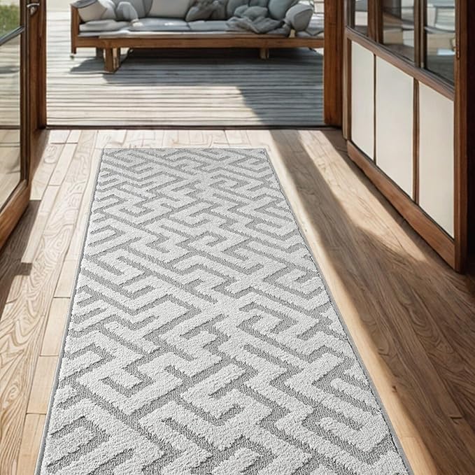 7ft Custom Cut Runner Rug for Narrow Hallways Kitchens - Deco Grey | Non-Slip | Washable & Edge Bound