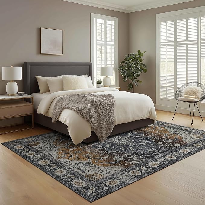 Washable 6x9 Area Rug for Living Room, Carpet for Bedroom Dining Room, Non Slip&Non-Shedding Resistant Low Pile Vintage Print Rug for Home Office (Tan/Gray)