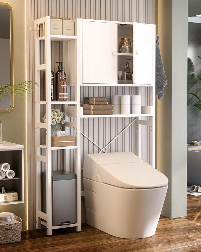 Over The Toilet Storage Cabinet with Doors - 7 Tier Bathroom Organizer with Adjustable Shelf, Freestanding Space Saver Rack Above Toilet Stand with 4 Hooks for Bathroom, Restroom, Laundry, White