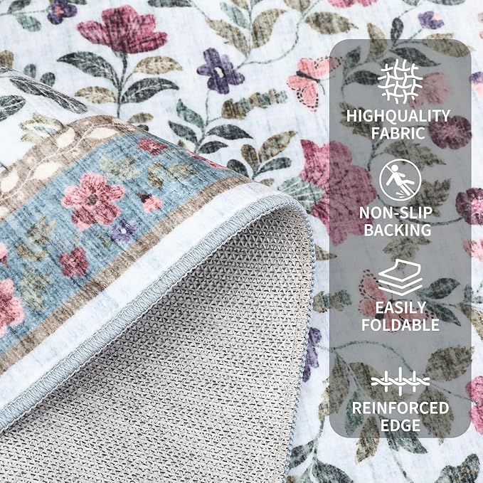 Washable Runner Rug 2.5 x 8 Non-Slip Non-Shedding Soft Vintage Bedside Low Pile Farmhouse Floral Carpet, Indoor Foldable Printed Entryway Rug for Hallway Kitchen, Light Blue