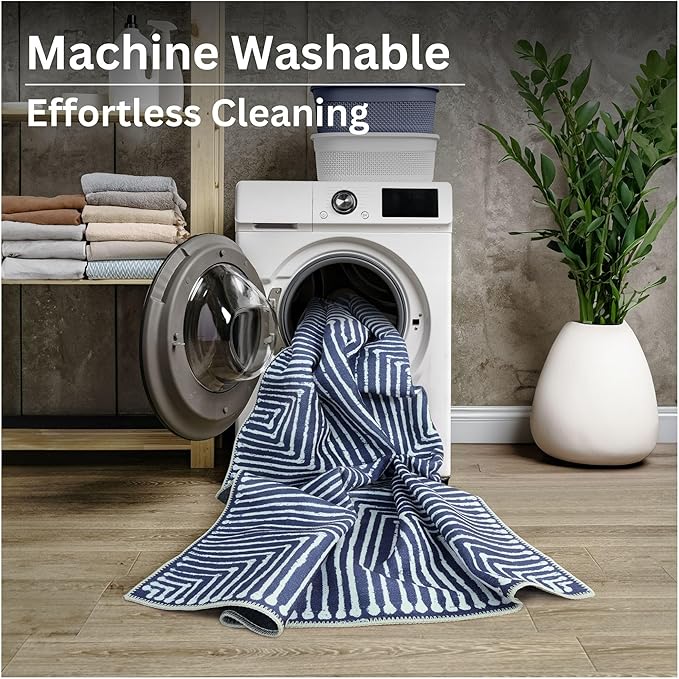 Bloom Rugs Washable Non-Slip 12 ft Runner - Blue Striped Runner for Entryway, Hallway, Bathroom, and Kitchen - Exact Size: 2.5' x 12'