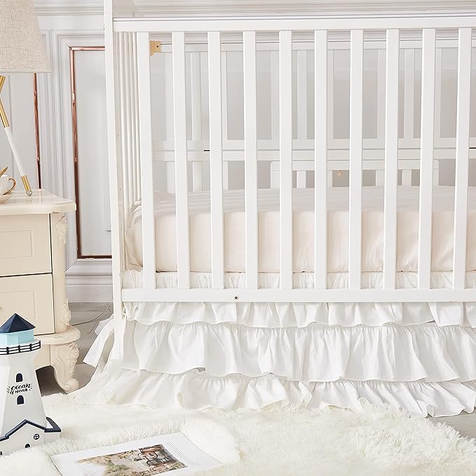 Brandream Crib Skirt Triple Layer Cotton Nursery Bed Skirt for Baby Girls Boys Toddler Bedskirt Solid White Dust Ruffle