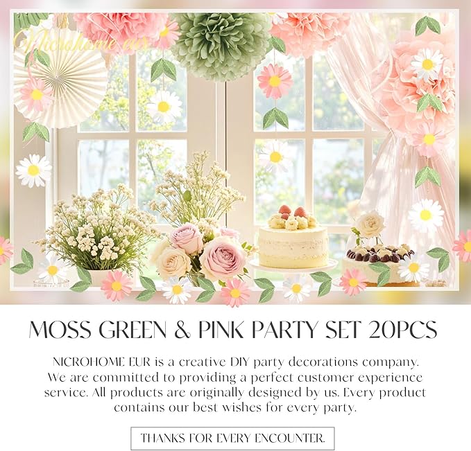 NICROHOME EUR Wedding Decorations, 20 PCS Sage Green and Pink Tissue Pom Poms Paper Lanterns Paper Fans 3D Flower Garlands for Bridal Shower Baby Shower Women Girls Birthday Garden Party Decor