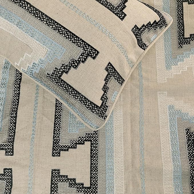 The HomeCentric King Queen Twin Blue & Ivory Designer King 90"x18" Bed Runner with 2 Pillow Cover, Embroidered Bed Scarf on Cotton Fabric - Aztec Armour