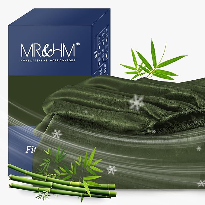 MR&HM Twin Fitted Sheet Only, Ultra-Soft Rayon Derived from Bamboo & Polyester Blend, Silky & Breathable, 15" Deep Pocket with Elastic Straps, Cooling Fitted Sheet for Hot Sleepers, Olive Green