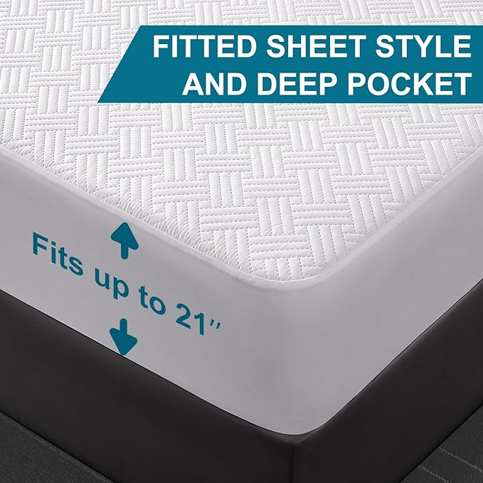 Waterproof Mattress Protector King Size - Breathable, Noiseless, Ultra-Soft Bed Cover, Mattress Pad Cover with Deep Stretchable Pockets 8"-21" (White)