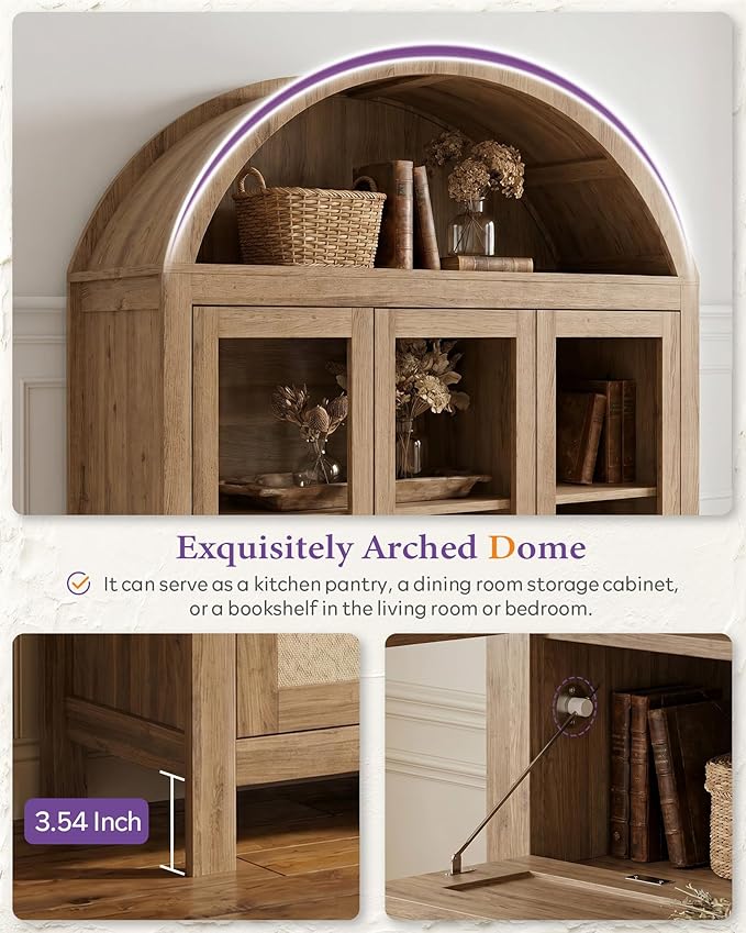 TYBOATLE 75'' Arched Cabinet Classic Farmhouse Design w/Three Glass Doors