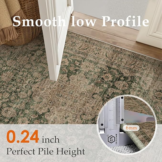 2x10 Washable Vintage Runner Rug Green Brown Hallway Kitchen Carpet Non-Slip Soft Low Pile Distressed Throw Rug for Bedroom Bathroom Laundry Living Room