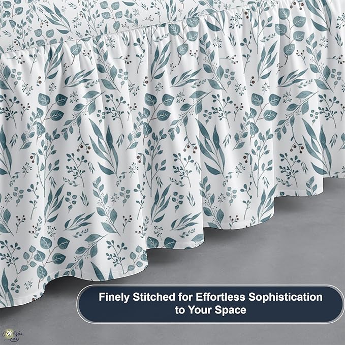 Cottington Lane Ruffled Bed Skirt Twin Size with Split Corner, Brushed Microfiber Hotel Quality Dust Ruffle, 16" Drop Gathered Bedskirt, Soft, Stylish, Shrink & Fade Resistant, Tranquil Green Petals