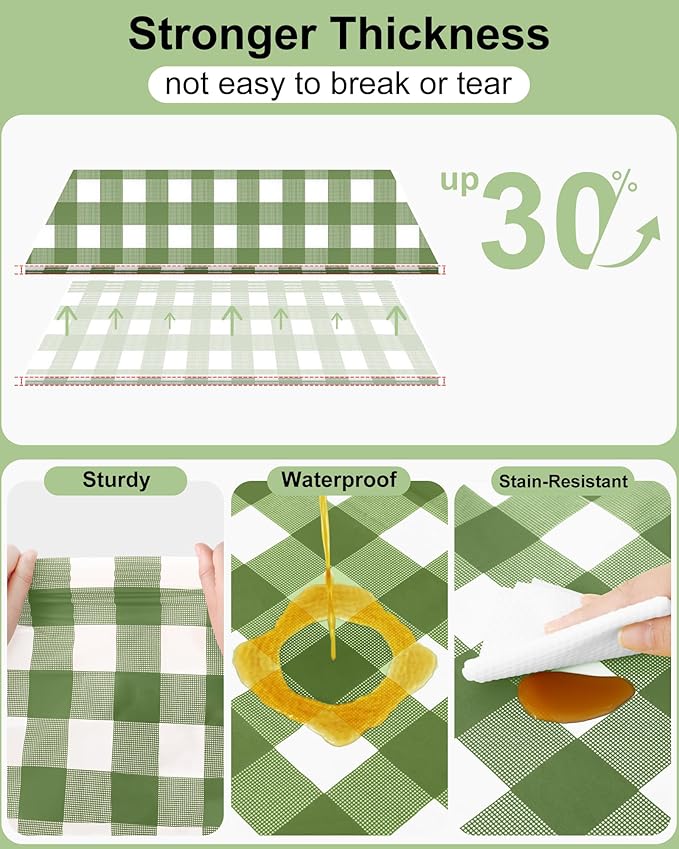Smiry 20 Packs Gingham Disposable Table Cloth, 54 x 108 Inch Waterproof Plastic Tablecloth, Rectangle Sage Green and White Checkered Table Covers for Picnic, Birthday, Party