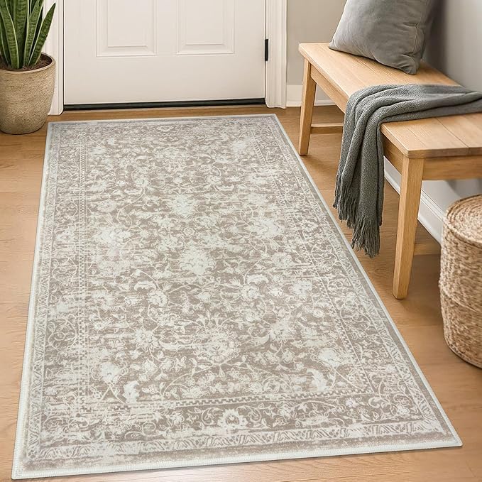 KILOCOCO Area Rug 3x5 Entryway Rug Washable Printed Vintage Floral Rubber Backed Non Slip Indoor Kitchen Rugs for Living Room Laundry Room Playroom Mudroom Moroccan Area Rugs, Beige
