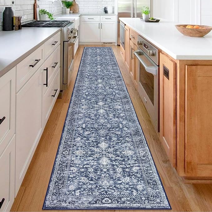 KILOCOCO Hallway Runner 2.6x18 Rug Runner Printed Vintage Floral Washable Kitchen Runners Non-Slip Rubber Backed Runners for Hallways Laundry Room Distressed Boho Rugs for Bedroom, Blue