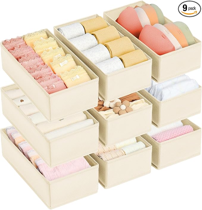 DIMJ Drawer Organizer Clothes - Underwear Organizer Small Sock Organizer Closet Organizers and Storage Box Dresser Drawer Dividers for Baby Clothes, Bra, Socks, Belt, Tie, Set of 9, Beige