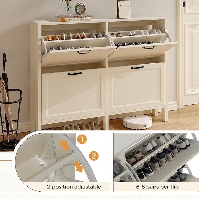 LOUVIXA Shoe Cabinet with 4 Flip Drawers, Narrow Shoe Storage Cabinet, Freestanding Shoe Cabinet Organizer, Hidden Shoe Rack Cabinet for Entryway, Hallway (4-Drawers, Off White/4-drawers)