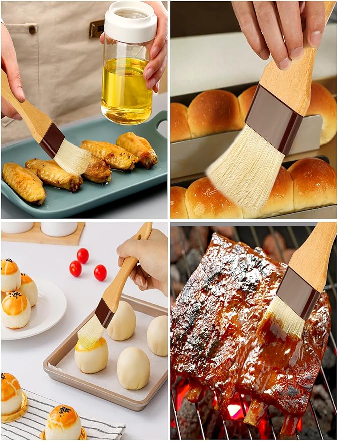 NXRACSH Natural Bristle Basting & Pastry Brush Set - 1.5"& 1" Food Grade Cooking Brushes, Not Shedding, for Turkey Basting, Butter, Egg Wash, Baking (4 Pc)