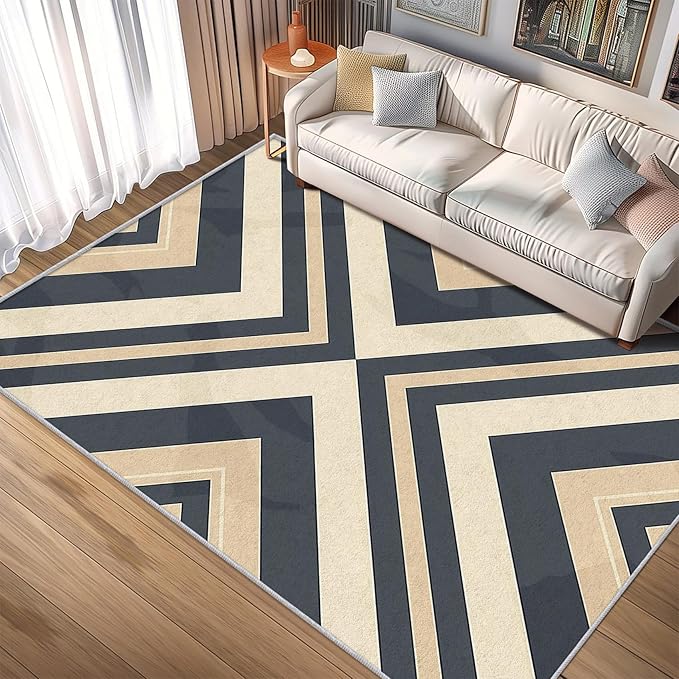 Modern Geometric Rug, Washable 4x5 Rug for Living Room, Herringbone Chevron Patterned Indoor Carpet, Modern Geometric Decor for Home, Bedroom, Soft Non Slip Thin Design FER75