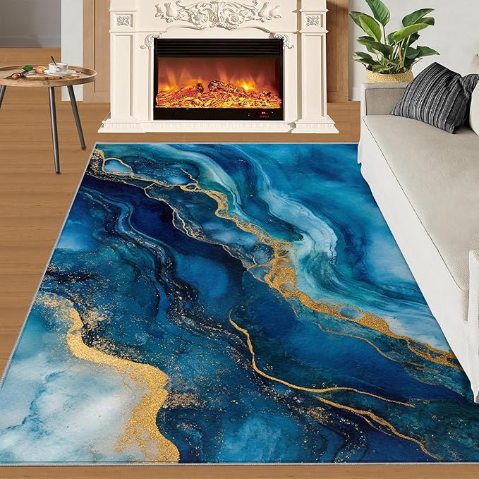 Blue Gold Marble Rugs for Bedroom - 4x6 Area Rug - Modern Fashion Marble Rugs for Living Room, European Light Luxury Art Rug, Washable Home Decor Carpet