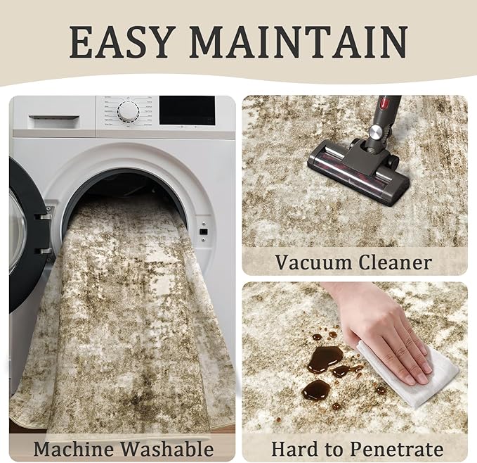 4x6 Machine Washable Area Rug for Living Room, Brown Modern Vintage Abstract Rug Large Non-Slip Low Pile Soft Faux Wool Carpet, Kids and Pets Friendly for Bedroom Dining Room Farmhouse Home Decor Rug