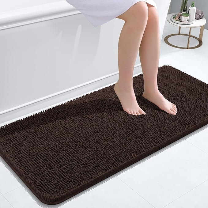 OLANLY Bathroom Rugs 47x20, Extra Soft Absorbent Chenille Bath Rugs, Rubber Backing Quick Dry, Machine Washable Bath Mats for Bathroom Floor, Tub and Shower, Home Decor Accessories, Brown