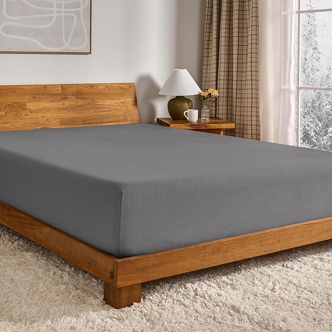 Bare Home Flannel Fitted Bottom Sheet 100% Cotton, Velvety Soft Heavyweight - Double Brushed Flannel - Deep Pocket (Twin, Grey)