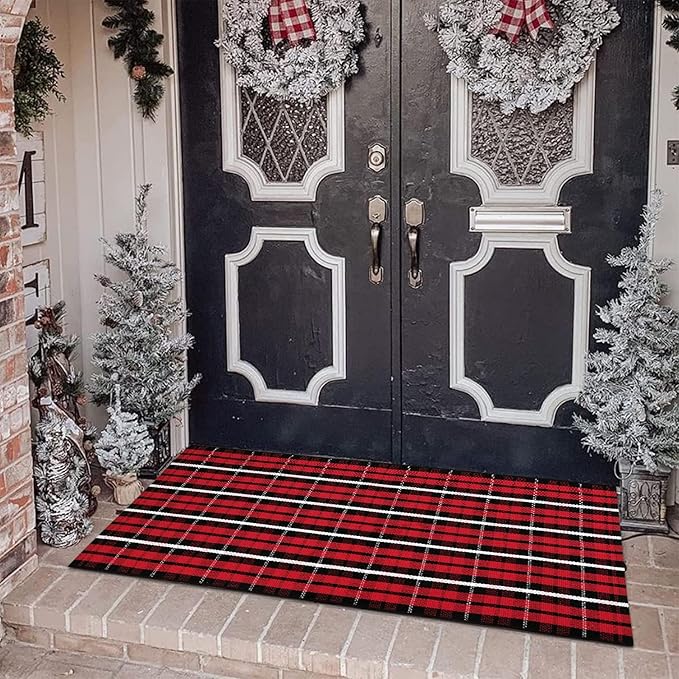 Christmas Front Door Mat Outdoor 2'X4.3', Red Buffalo Plaid Porch Rug Machine Washable Kitchen Rug Entryway Carpet Layered Door Mats Indoor/Outdoor Cotton Area Rug Runner for Bedroom