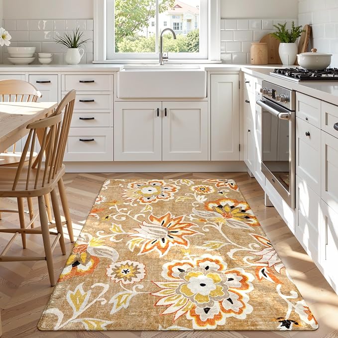 Lahome Floral Washable Living Room Carpet - 3x5 Throw Area Rug for Bedroom Non-Slip Lightweight Indoor Entryway Rugs, Tan Paisley Print Aesthetic Rug for Bathroom Laundry Dining Room Kithchen Office