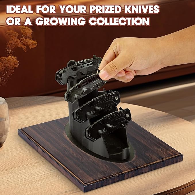 Knife Display Case, Pocket Knife Display Box Stand with Acrylic Protection Cover Holds 5 Knives - Pocket Knife Holder Organizer Tabletop Showcase for Collections (Wooden Base)