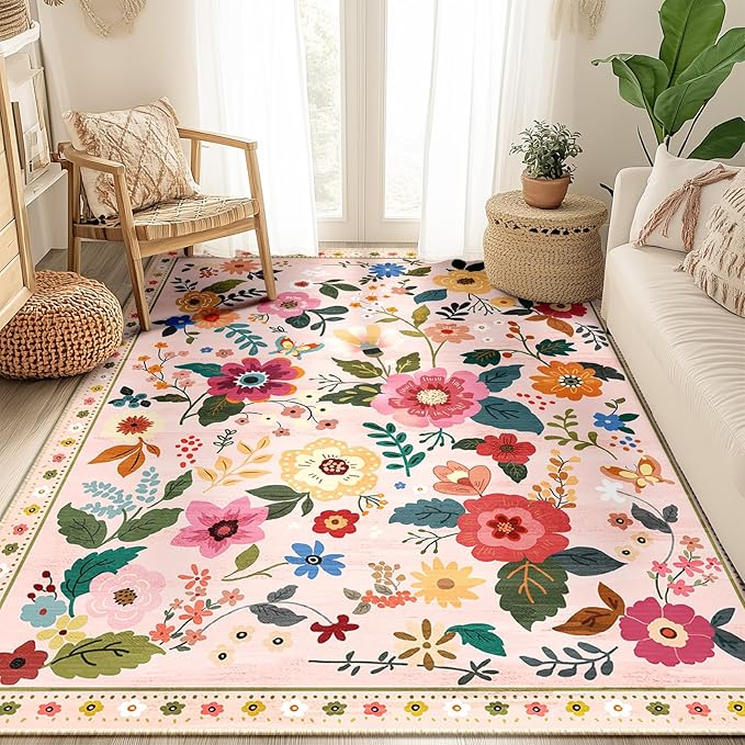 Floral 5x7 Area Rug Machine Washable Soft Print Boho Carpet Non Slip Doormat Low Pile Flower Area Rugs for Living Room Bedroom Nursery Kitchen Dining Room Indoor-Pink