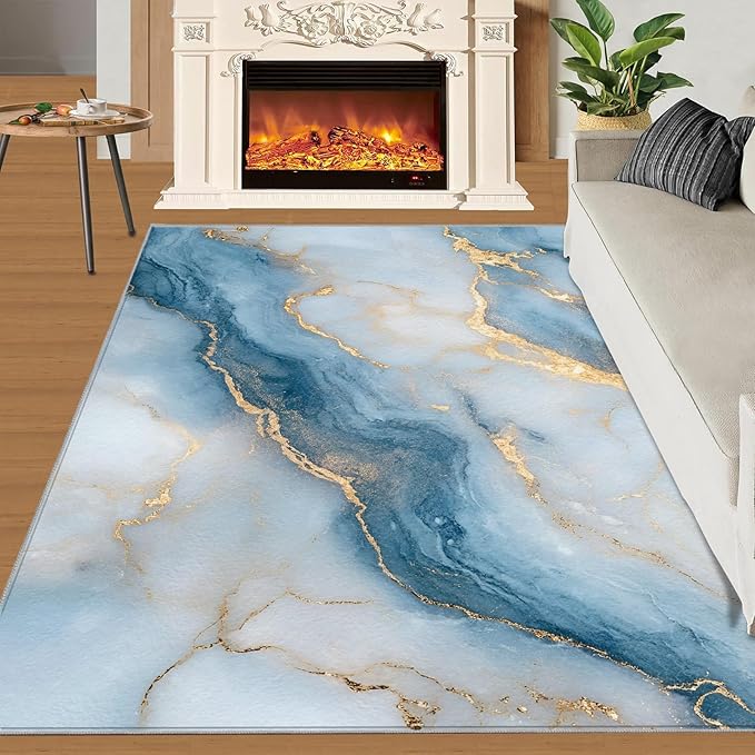 5x8 Abstract Marble Kids Rug - Blue-White-Marble Dining Room Rug, Luxury Stone Pattern Area Rugs Indoor Modern Rugs for Bedroom Hardwood Floors Teen Room