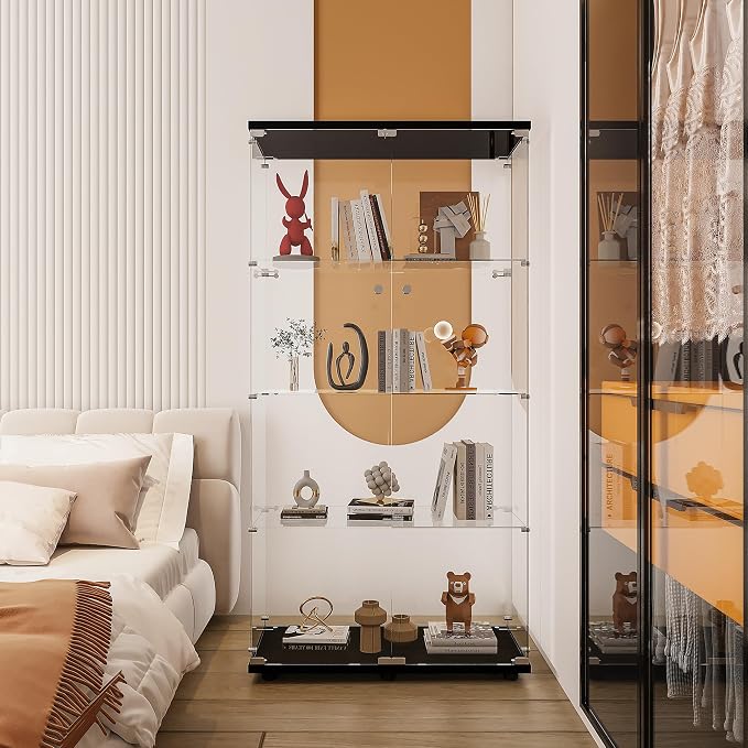 Display Cabinet with Glass Door and Lock, 4-Shelf Fast Installation in 30 Mins